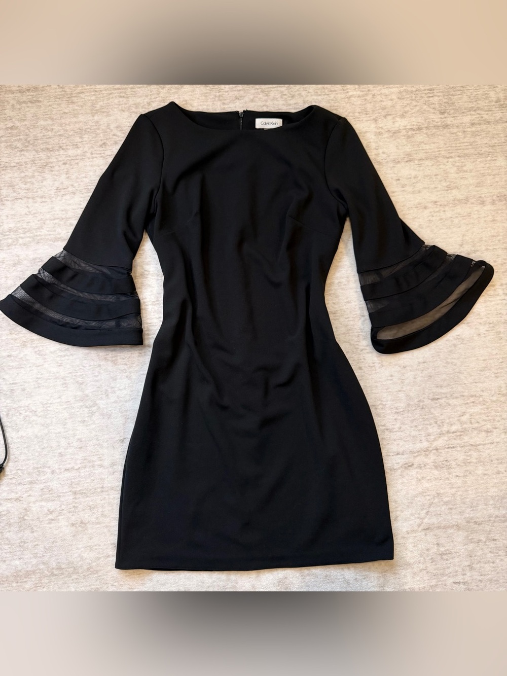Calvin Klein Black Mini Dress with Tiered Sheer Bell Sleeves